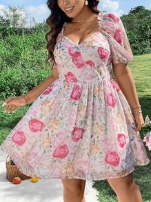 Flirla Plus Size Sweetheart Neckline Floral Print Dress - Multicolor - View 3