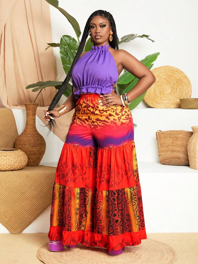 Snake & Leopard Print Off Shoulder Colorblock Vest And Pants Set