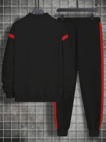 Manfinity Roughcore Men's Plus Size Color Block Letter Printed Sweatshirt And Sweatpants Set - Black - View 2