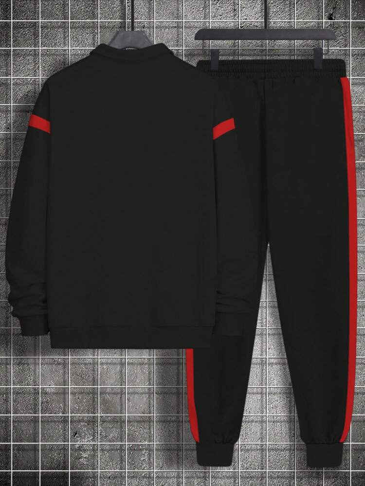 Men's Plus Size Color Block Letter Printed Sweatshirt And Sweatpants Set