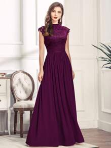 MIUSOL Elegant Floral Lace Mock Neck Cap Sleeve Pleated Hem Prom Party Dress - Maroon - View 2