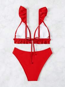 SHEIN Swim 夏季海滩女士纯色比基尼泳装套装带荷叶边装饰新年 - 紅色 - 查看 4