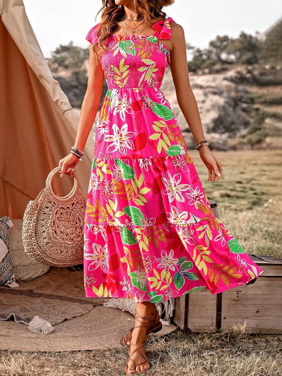 Breezaya Women's Plant Print Shirred Dress With Flounce Hemline - Multicolor - View 1