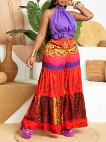 Slaydiva Snake & Leopard Print Off Shoulder Colorblock Vest And Pants Set