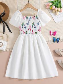 SHEIN 十幾歲的女孩優雅多彩的蝴蝶印花收腰裙,適用於春/夏外出、假期、派對、日常穿著 - 白色 - 查看 2