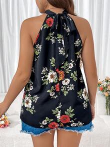 SHEIN LUNE Women's Floral Printed Halter Neck Elegant Blouse - White - View 2