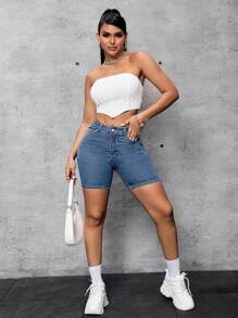 SHEIN SXY 女款緊身牛仔短褲 - 淺色水洗藍 - 查看 3