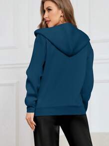 INAWLY Hooded Kangaroo Pocket Sweatshirt With Drop Shoulder And Zipper,Long Sleeve Tops - Navy Blue - View 2