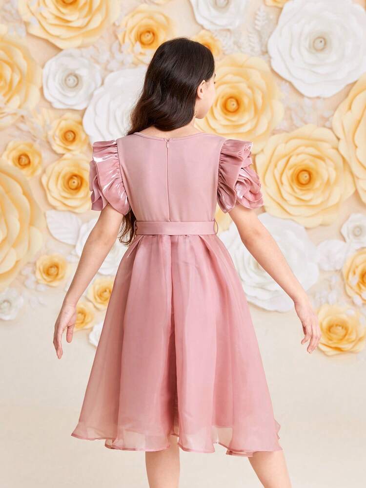 Tween Girls' Elegant Mesh Embroidered 3d Flower Sleeves Short Sleeve Midi Dress