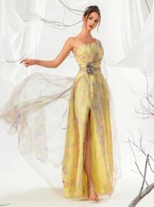 Abito da sera lungo con spacco alto e maniche lunghe, in maglia con stampa Tintura a nodi, elegante vestito lungo formale per laurea, cena, matrimonio, per ospiti - Giallo - Visualizzare 5