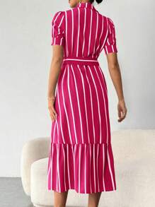 SHEIN LUNE Vertical Striped & Printed Puff Sleeve Women's Shirt Dress - Hot Pink - View 2