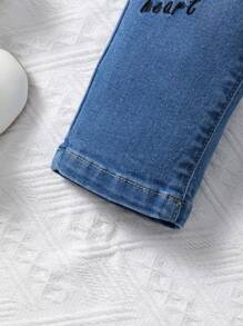 Baby Girl Mid Wash Embroidered Stretch Denim Jeans - Medium Wash - View 3