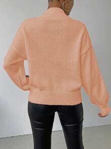 SHEIN LUNE Women's Stand Collar Drop Shoulder Long Sleeve Sweater With Pattern Design, Knit Pullover Fall Winter - Orange - View 2