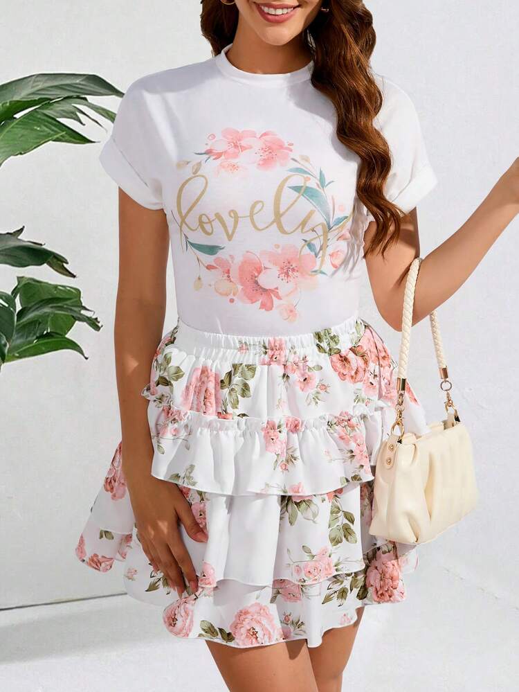 Ladies Letter & Floral Printed T-Shirt And Layered Skirt 2pcs/Set