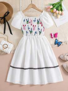 SHEIN 十幾歲的女孩優雅多彩的蝴蝶印花收腰裙,適用於春/夏外出、假期、派對、日常穿著 - 白色 - 查看 1