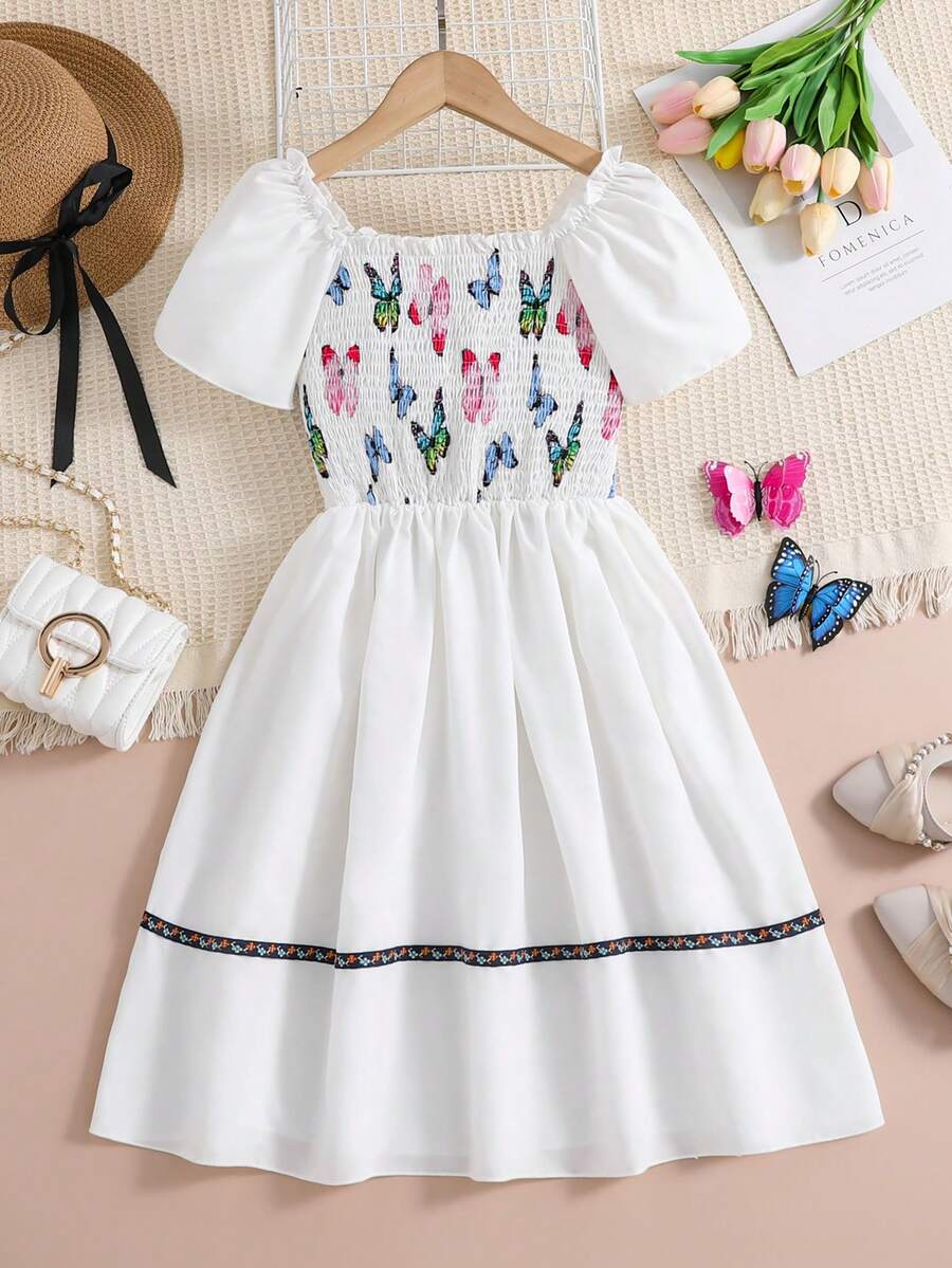 SHEIN 十幾歲的女孩優雅多彩的蝴蝶印花收腰裙,適用於春/夏外出、假期、派對、日常穿著 - 白色 - 查看 1