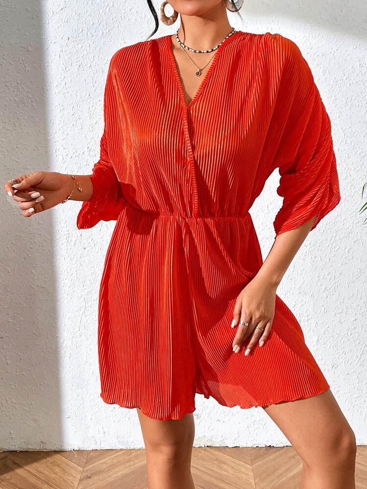 Solid Color Pleated Batwing Sleeve Romper