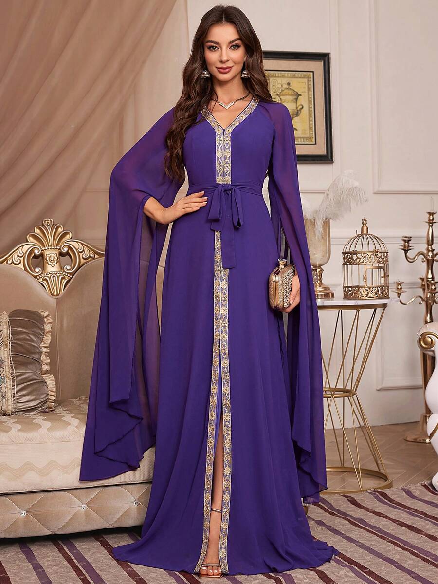 女式超长 V 领雪纺连衣裙，超长袖，朴素卡夫坦阿拉伯连衣裙