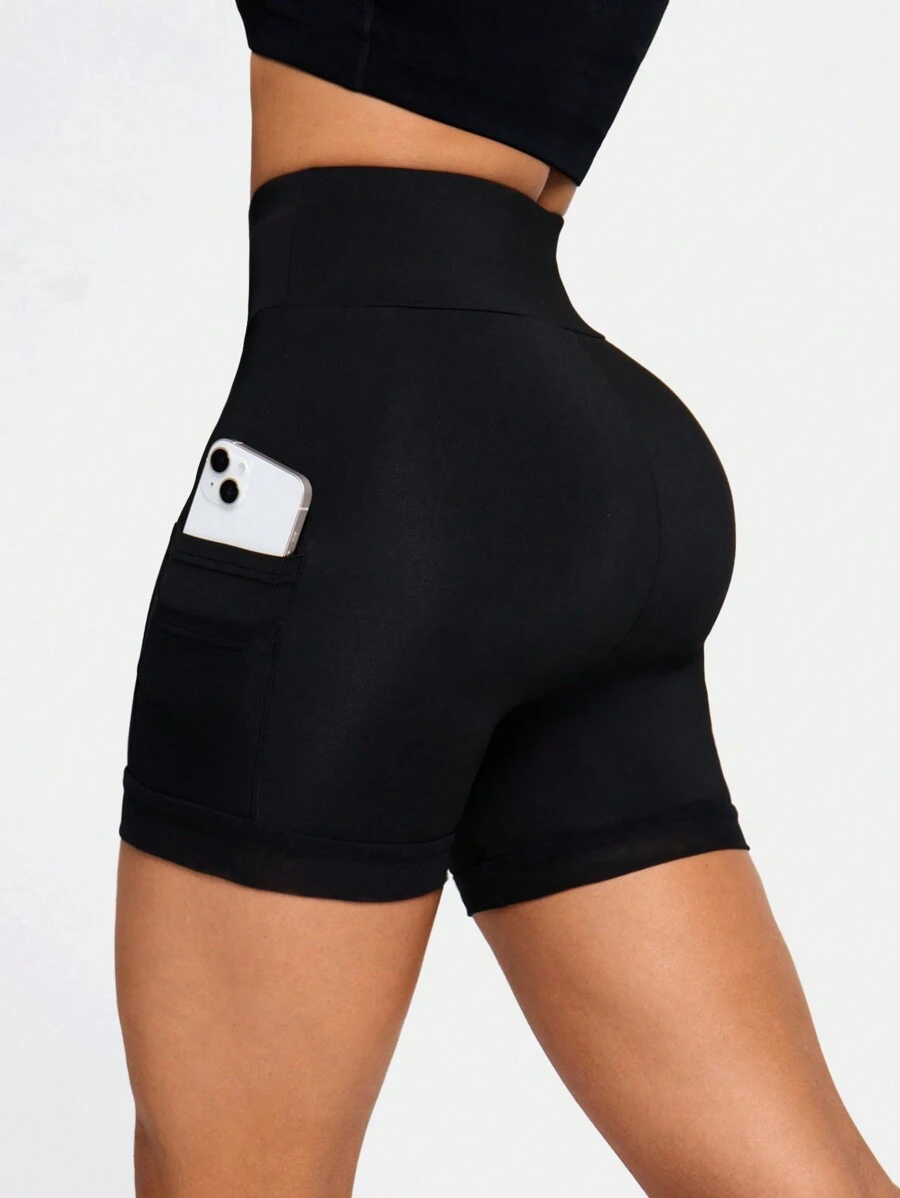 Gameset SHEIN Sport 女式緊身純色口袋提臀運動短褲 - 黑色 - 查看 1