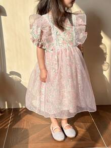 SHEIN 少女圓領連衣裙，有花卉印花和泡泡袖 - 粉色 - 查看 5