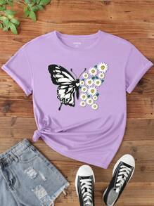 INAWLY T-shirt À Manches Courtes Pour Femmes Grandes Tailles Imprimé De Papillon Et De Marguerite - Parme - Voir 3