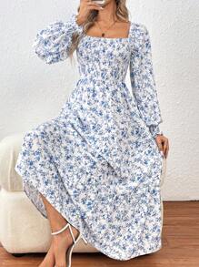 SHEIN Clasi 花卉印花方领灯笼袖连衣裙长款女装