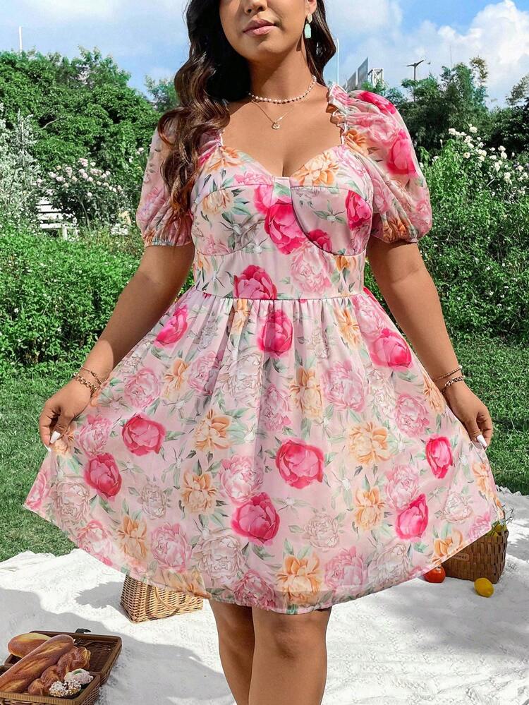 Plus Size Sweetheart Neckline Floral Print Dress