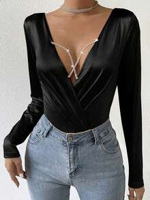 Allurite 女士連身衣,鑽石裝飾 - 黑色 - 查看 2