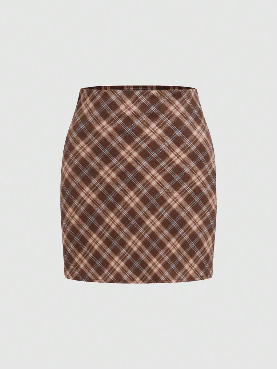 SHEIN Unity Women's Plaid Skirt - Brown - View 1
