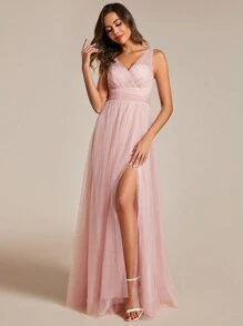 Elegant Deep V-Neck Split Back Bridesmaid Dress For Wedding