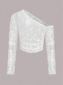 SHEIN Unity 女士性感不對稱領口長袖透視上衣 - 白色 - 查看 2