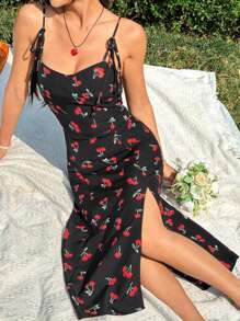 SHEIN Unity Vestido De Tirantes Con Estampado De Cerezas Y Dobladillo Dividido Para Mujeres - Negro - Ver 5