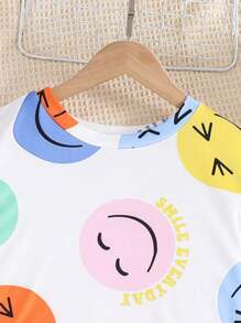 SHEIN Tween Mädchen Face Print Kurzarm-T-Shirt + Cargohose 2 Stück Outfit