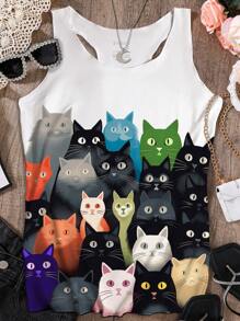 SHEIN Essnce 女款卡通貓印花背心 - 白色 - 查看 1