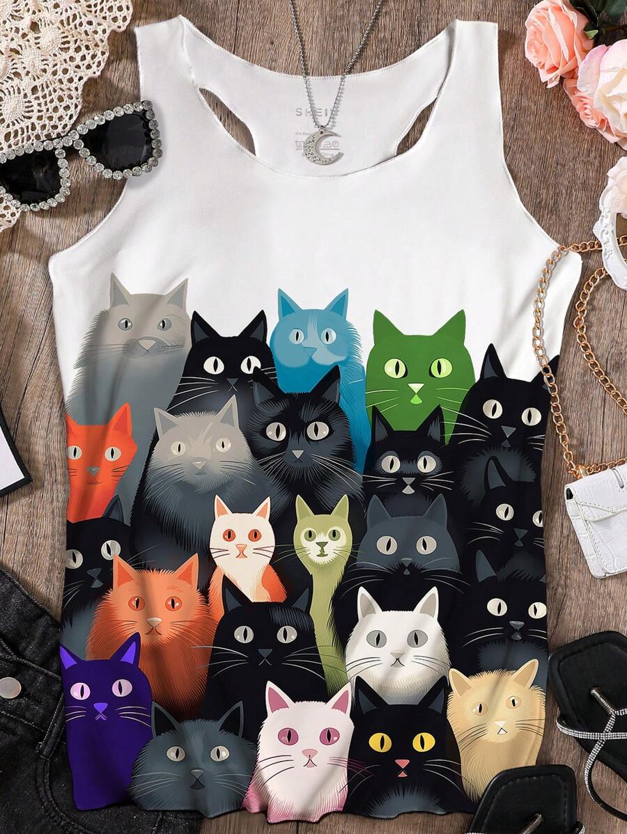 SHEIN Essnce 女款卡通貓印花背心 - 白色 - 查看 1