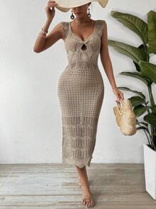 Breezaya Ladies' Hollow Out Sweater Dress - Apricot - View 4