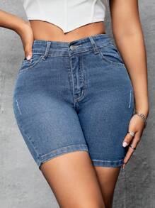 SHEIN SXY 女款緊身牛仔短褲 - 淺色水洗藍 - 查看 4