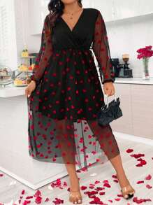 SHEIN Clasi Plus Size V-Neck Mesh Splice Dress - Black - View 1