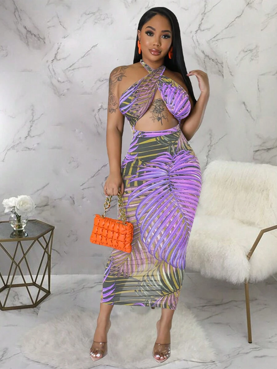 Quý cô Nhiệt đới In thực vật Dây chéo Cà vạt Xu hướng: Cắt giảm Đầm - Màu tím - Xem 1