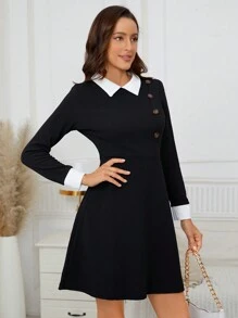 SHEIN Clasi Vestido de cuello en contraste con diseño de botón - Blanco y Negro - Ver 7