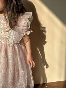SHEIN 少女圓領連衣裙，有花卉印花和泡泡袖 - 粉色 - 查看 8