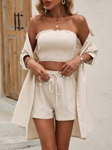 SHEIN LUNE Women's Plain Single-Breasted Shirt, Shirred Tube Top And Shorts Set