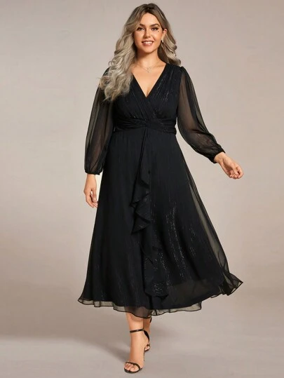 Plus Size Fall Winter Wedding Guest Dresses Elegant Ruffle Hem Twist Detail Black Bridesmaid Dress Long Sleeve Black Formal Dress For Holiday Party