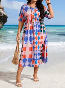 Calvaya Plus Size Women's Short Sleeve Geometric Print Dress - Multicolor - View 3