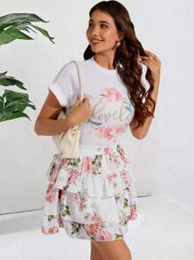 SHEIN Clasi Quý cô Lá thư & Hoa In Áo thun Và Nhiều lớp Váy 2 cái/bộ - Hồng - Xem 5