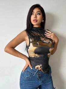 VaVaBold Áo tank top nữ in hình nhân vật hoạt hình, cổ đứng, xếp ly, thích hợp mặc mùa hè. - Nhiều màu - Xem 7