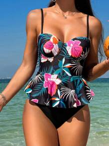 SHEIN Swim 女士花卉和植物印花两件套泳衣，聚拢带钢圈 狂欢节夏季 - 彩色 - 查看 3