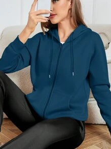 INAWLY Hooded Kangaroo Pocket Sweatshirt With Drop Shoulder And Zipper,Long Sleeve Tops - Navy Blue - View 7