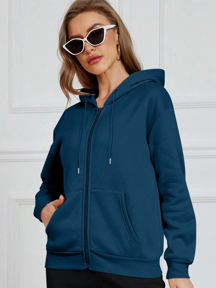 INAWLY Hooded Kangaroo Pocket Sweatshirt With Drop Shoulder And Zipper,Long Sleeve Tops - Navy Blue - View 1