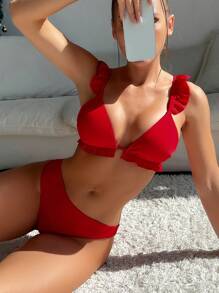 SHEIN Swim 夏季海滩女士纯色比基尼泳装套装带荷叶边装饰新年 - 紅色 - 查看 1